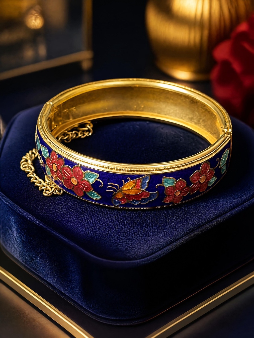 Vintage Chinese Export Blue Cloisonné Enamel Hinged Bangle Bracelet 1853